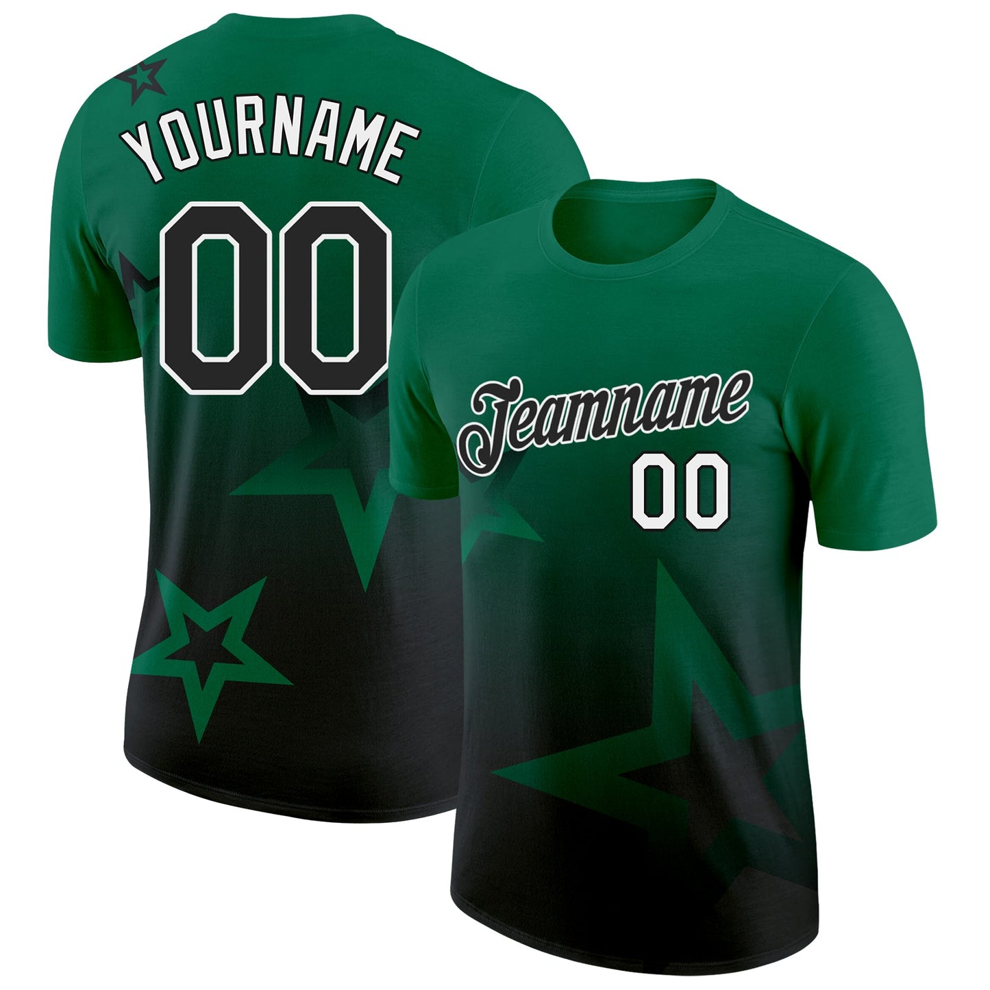 Custom Kelly Green Black-White 3D Pattern Design Gradient Style Twinkle Star Performance T-Shirt - Main View
