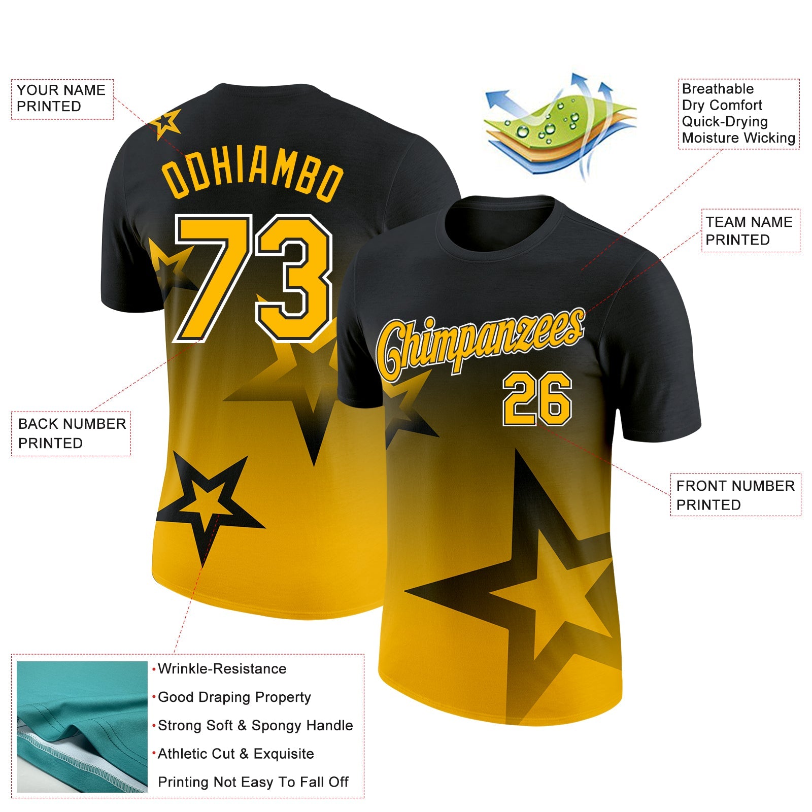 Custom Black Gold-White 3D Pattern Design Gradient Style Twinkle Star Performance T-Shirt view 2
