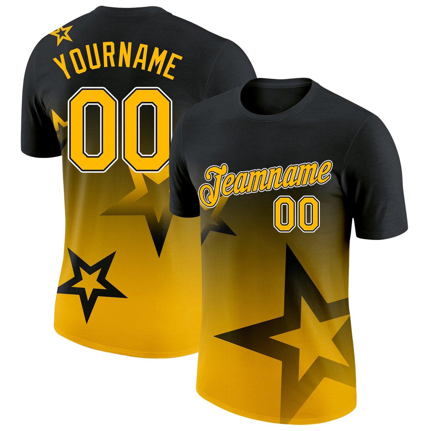Custom Black Gold-White 3D Pattern Design Gradient Style Twinkle Star Performance T-Shirt - Main View