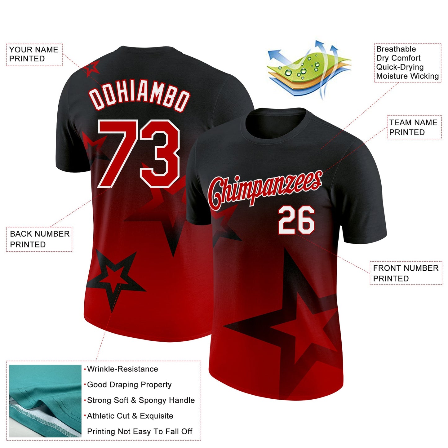 Custom Black Red-White 3D Pattern Design Gradient Style Twinkle Star Performance T-Shirt view 2