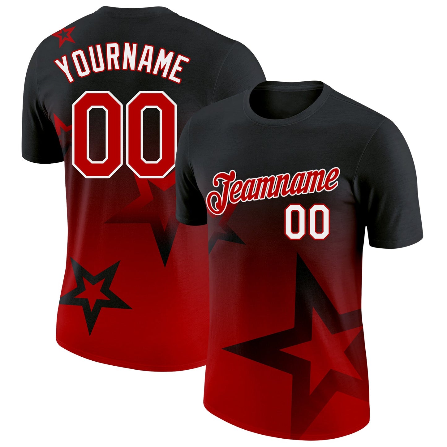 Custom Black Red-White 3D Pattern Design Gradient Style Twinkle Star Performance T-Shirt - Main View