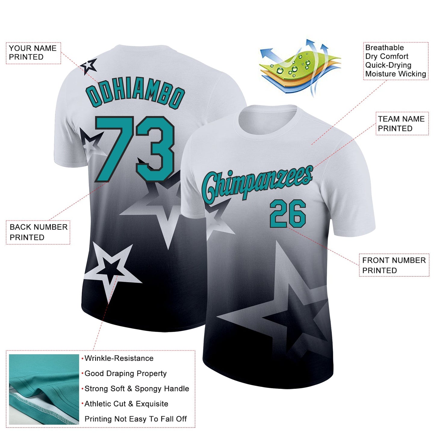 Custom White Teal-Black 3D Pattern Design Gradient Style Twinkle Star Performance T-Shirt view 2