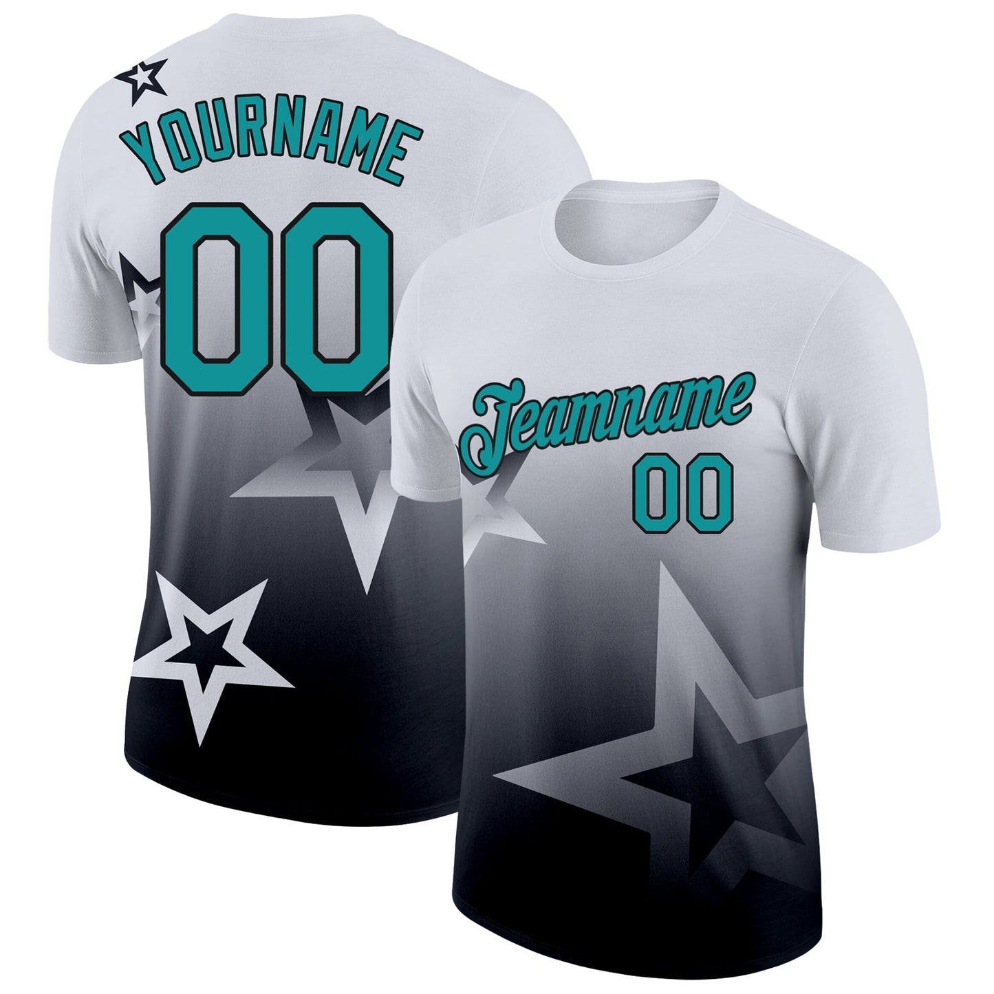 Custom White Teal-Black 3D Pattern Design Gradient Style Twinkle Star Performance T-Shirt - Main View