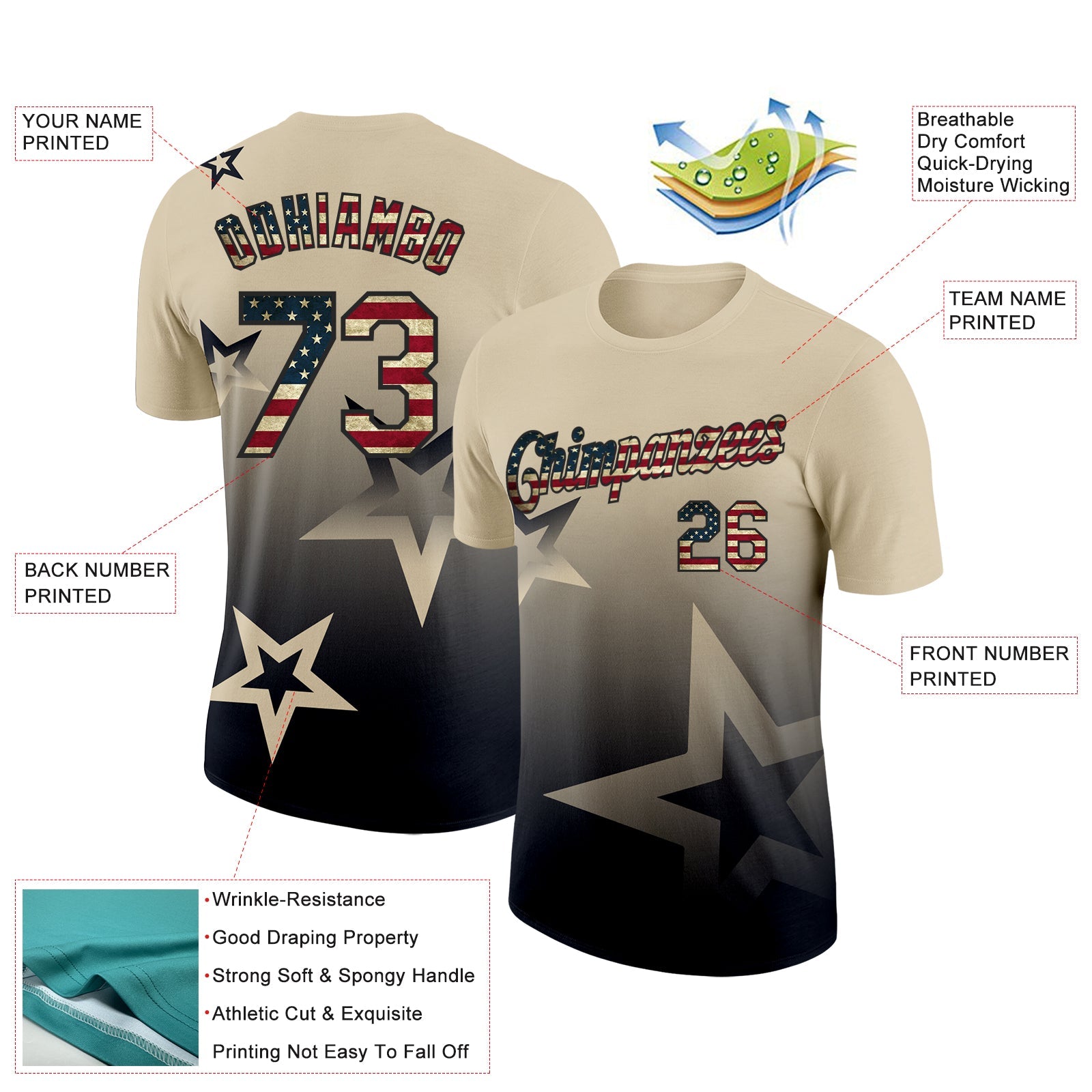 Custom Cream Vintage USA Flag-Black 3D Pattern Design Gradient Style Twinkle Star Performance T-Shirt view 2