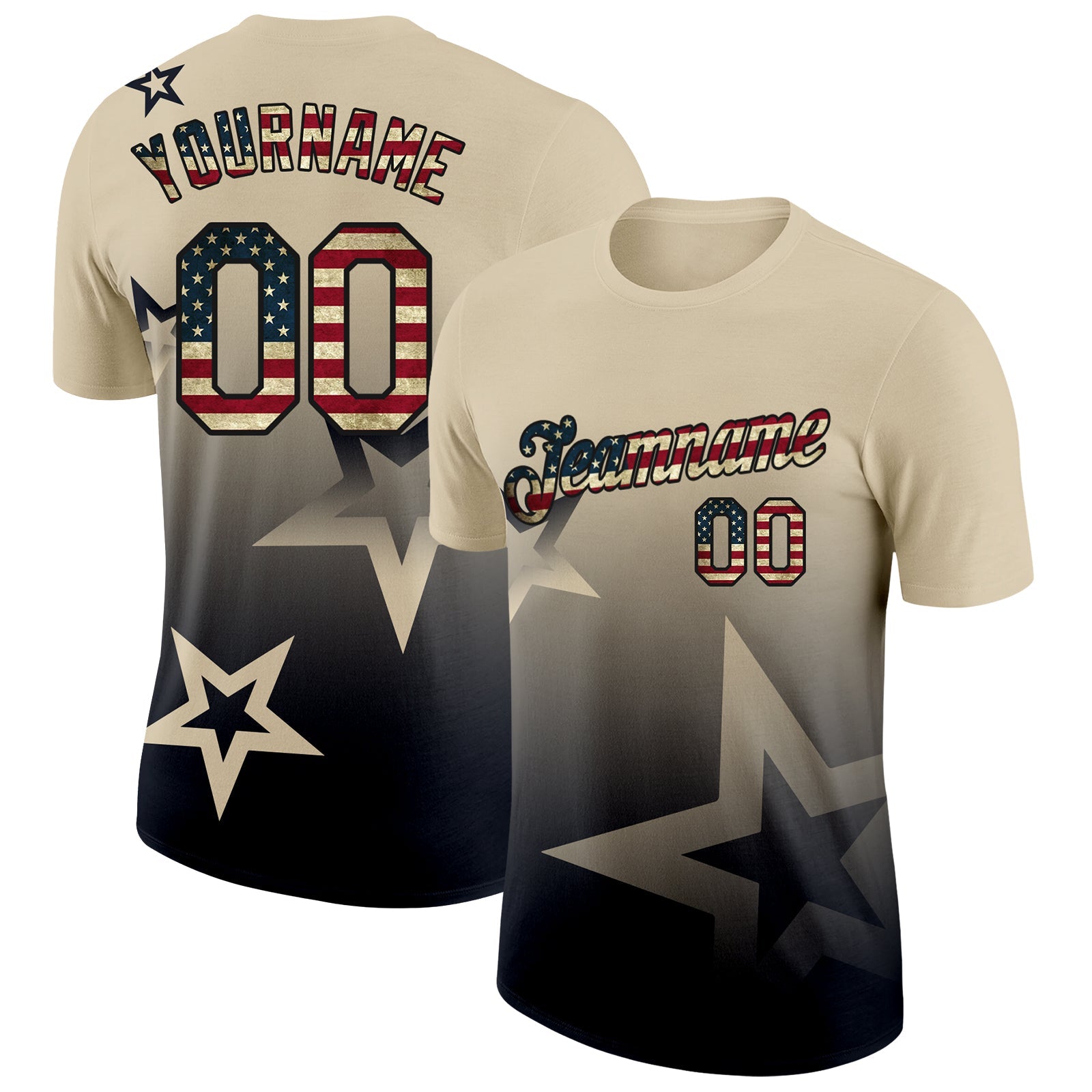 Custom Cream Vintage USA Flag-Black 3D Pattern Design Gradient Style Twinkle Star Performance T-Shirt - Main View