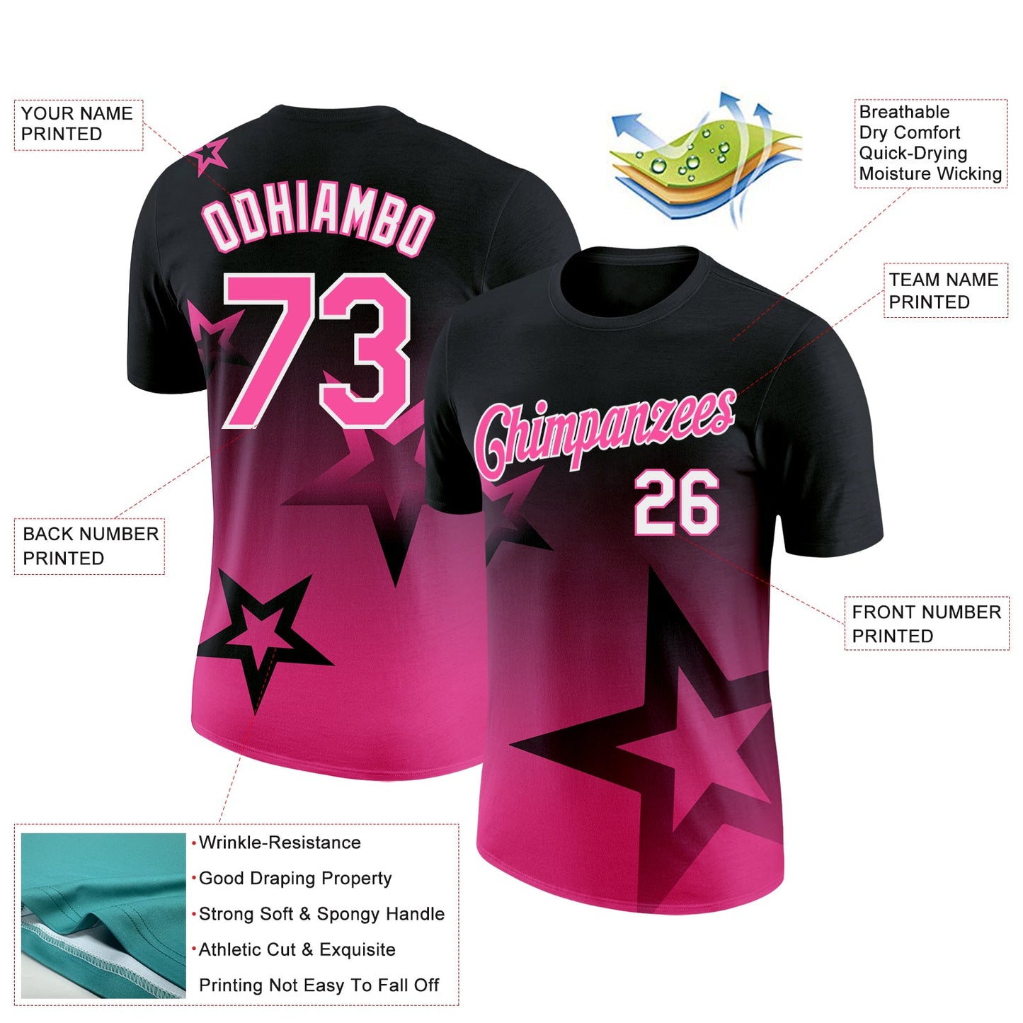 Custom Black Pink-White 3D Pattern Design Gradient Style Twinkle Star Performance T-Shirt view 2