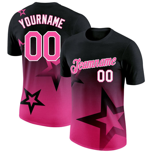 Custom Black Pink-White 3D Pattern Design Gradient Style Twinkle Star Performance T-Shirt - Main View
