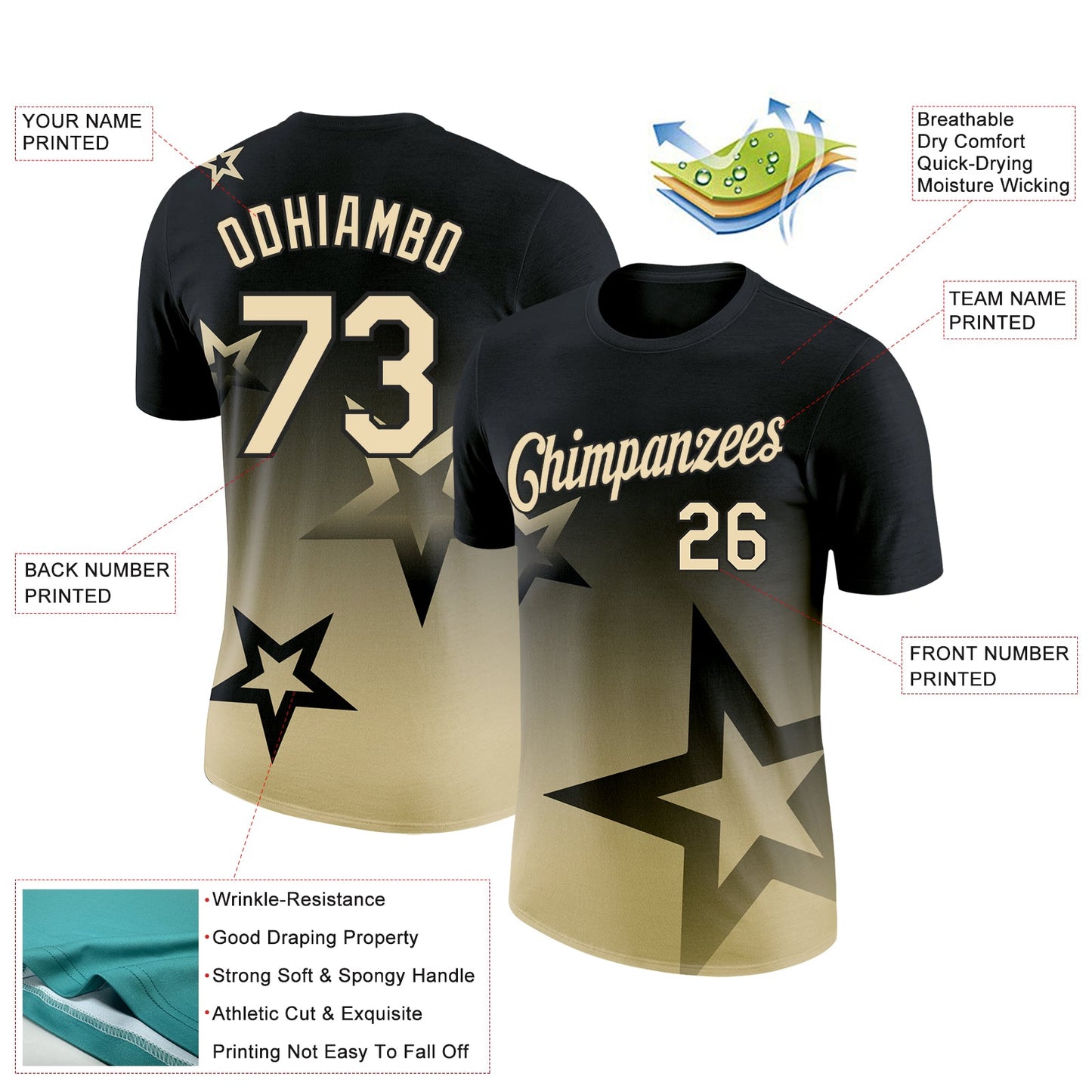 Custom Black Cream 3D Pattern Design Gradient Style Twinkle Star Performance T-Shirt view 2