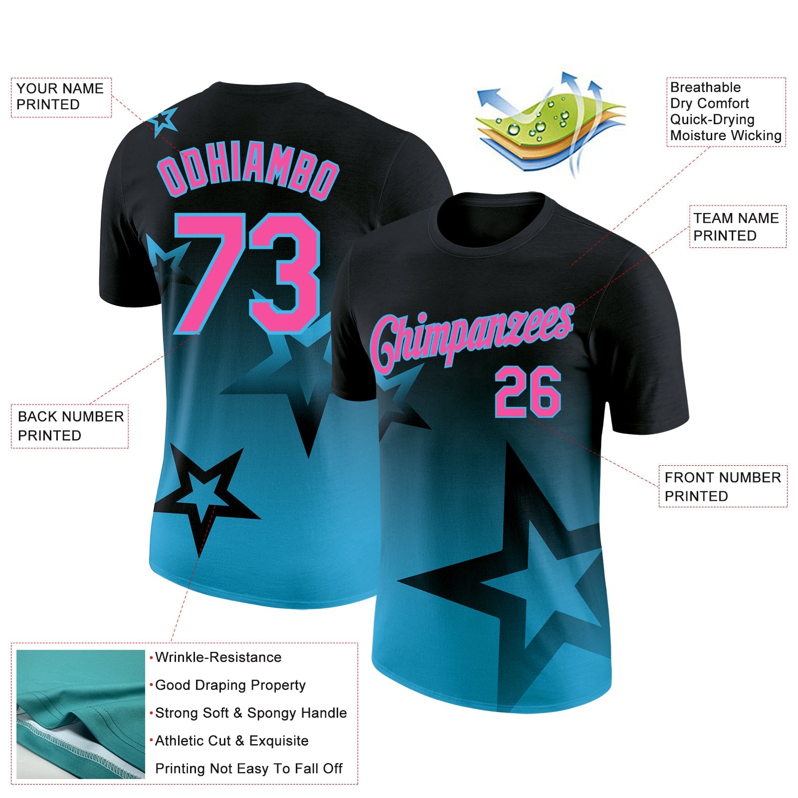 Custom Black Pink-Sky Blue 3D Pattern Design Gradient Style Twinkle Star Performance T-Shirt view 2