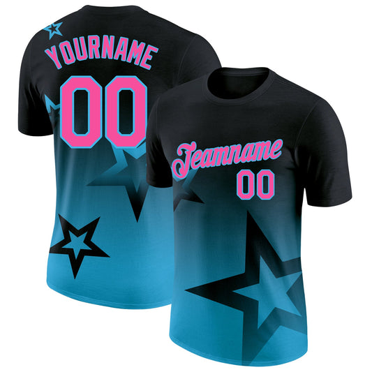 Custom Black Pink-Sky Blue 3D Pattern Design Gradient Style Twinkle Star Performance T-Shirt - Main View