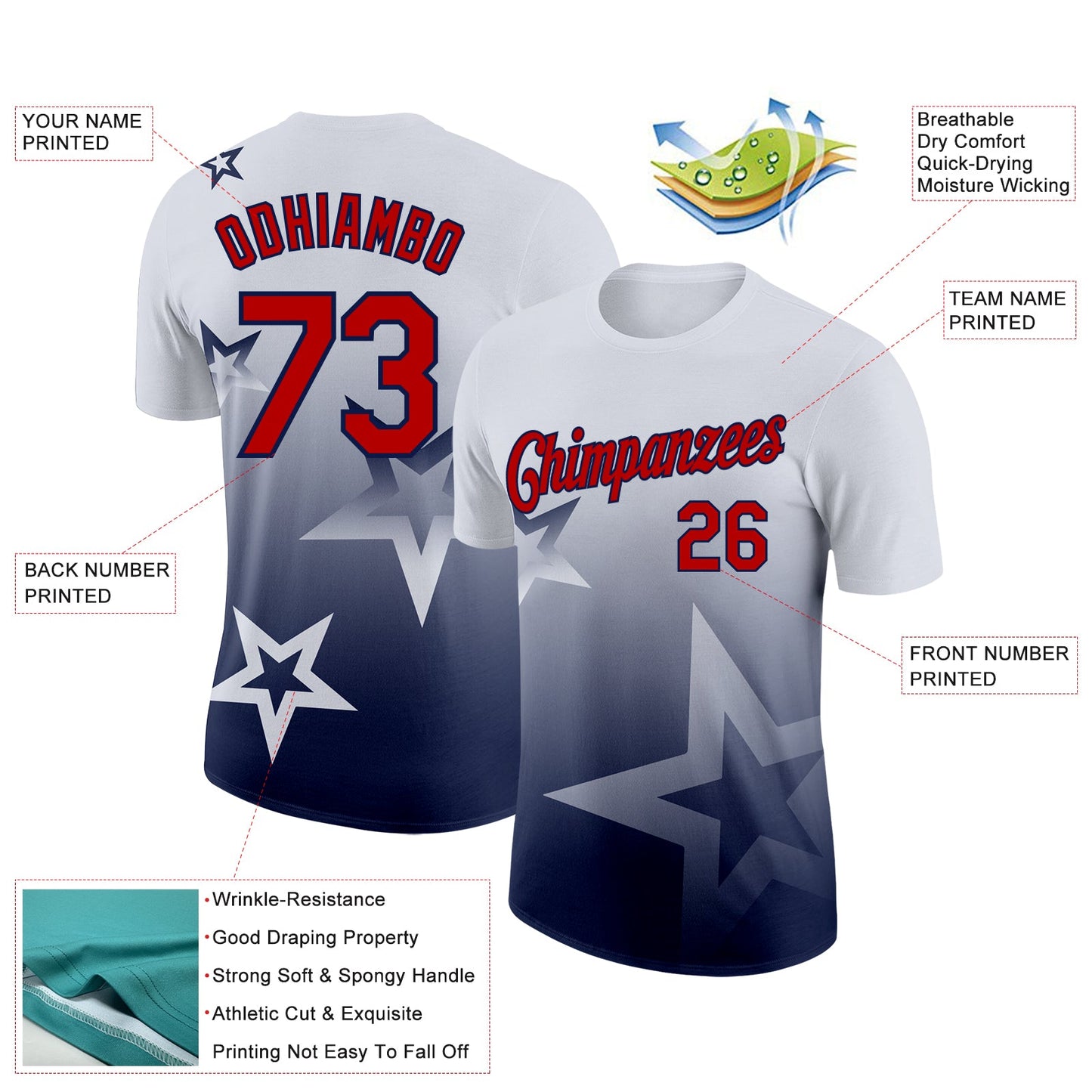 Custom White Red-Navy 3D Pattern Design Gradient Style Twinkle Star Performance T-Shirt view 2