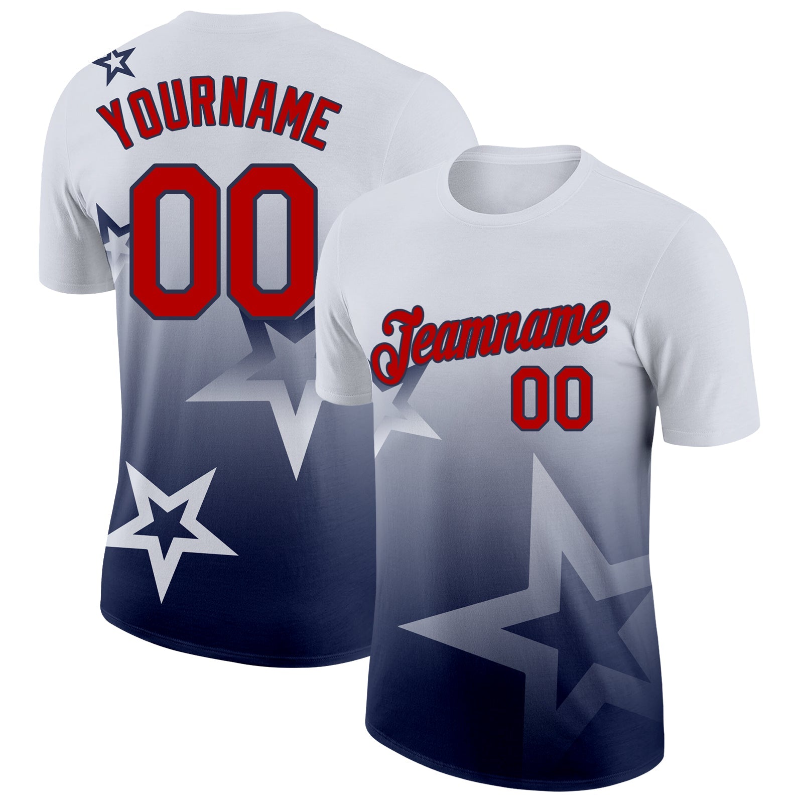 Custom White Red-Navy 3D Pattern Design Gradient Style Twinkle Star Performance T-Shirt - Main View