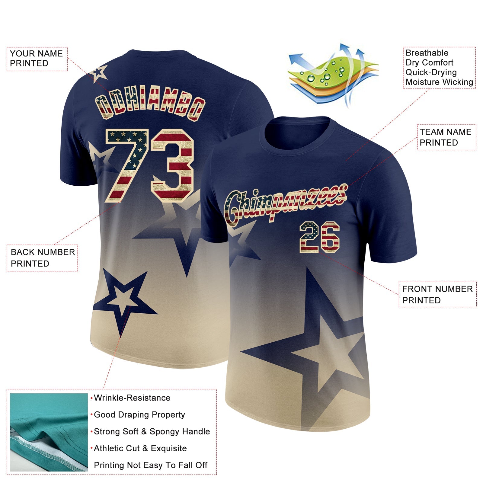 Custom Navy Vintage USA Flag-Cream 3D Pattern Design Gradient Style Twinkle Star Performance T-Shirt view 2