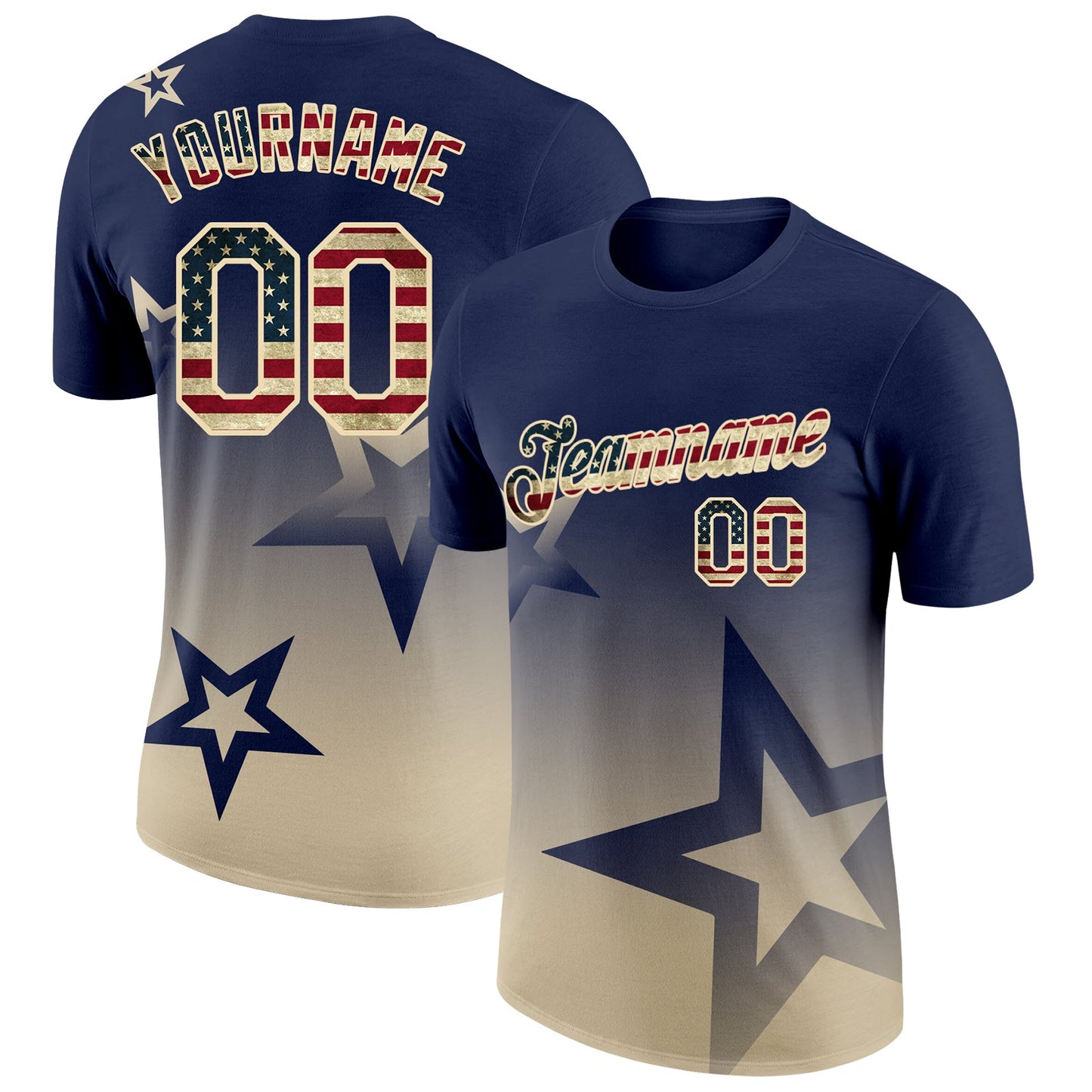 Custom Navy Vintage USA Flag-Cream 3D Pattern Design Gradient Style Twinkle Star Performance T-Shirt - Main View