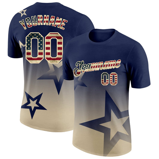 Custom Navy Vintage USA Flag-Cream 3D Pattern Design Gradient Style Twinkle Star Performance T-Shirt - Main View