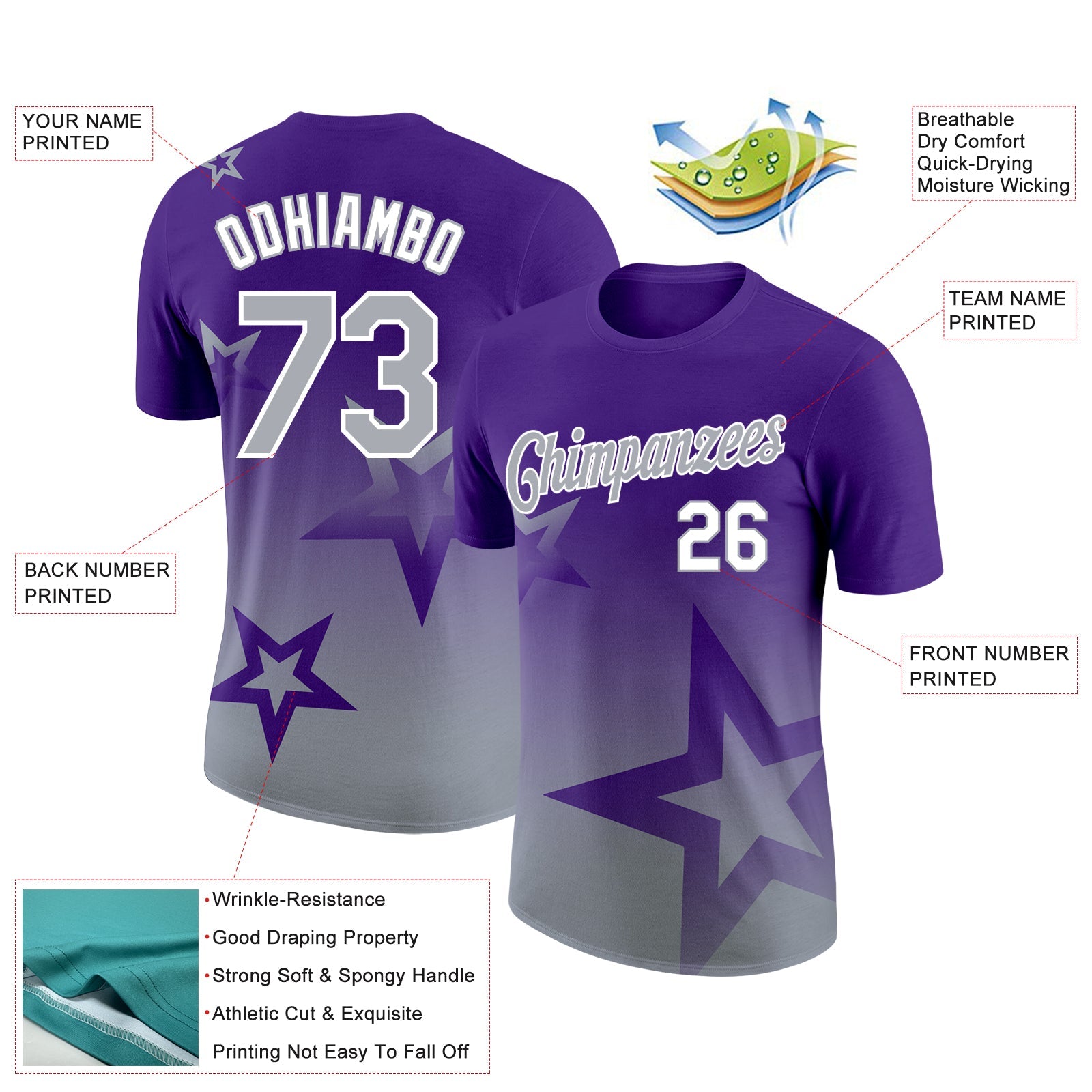 Custom Purple Gray-White 3D Pattern Design Gradient Style Twinkle Star Performance T-Shirt view 2