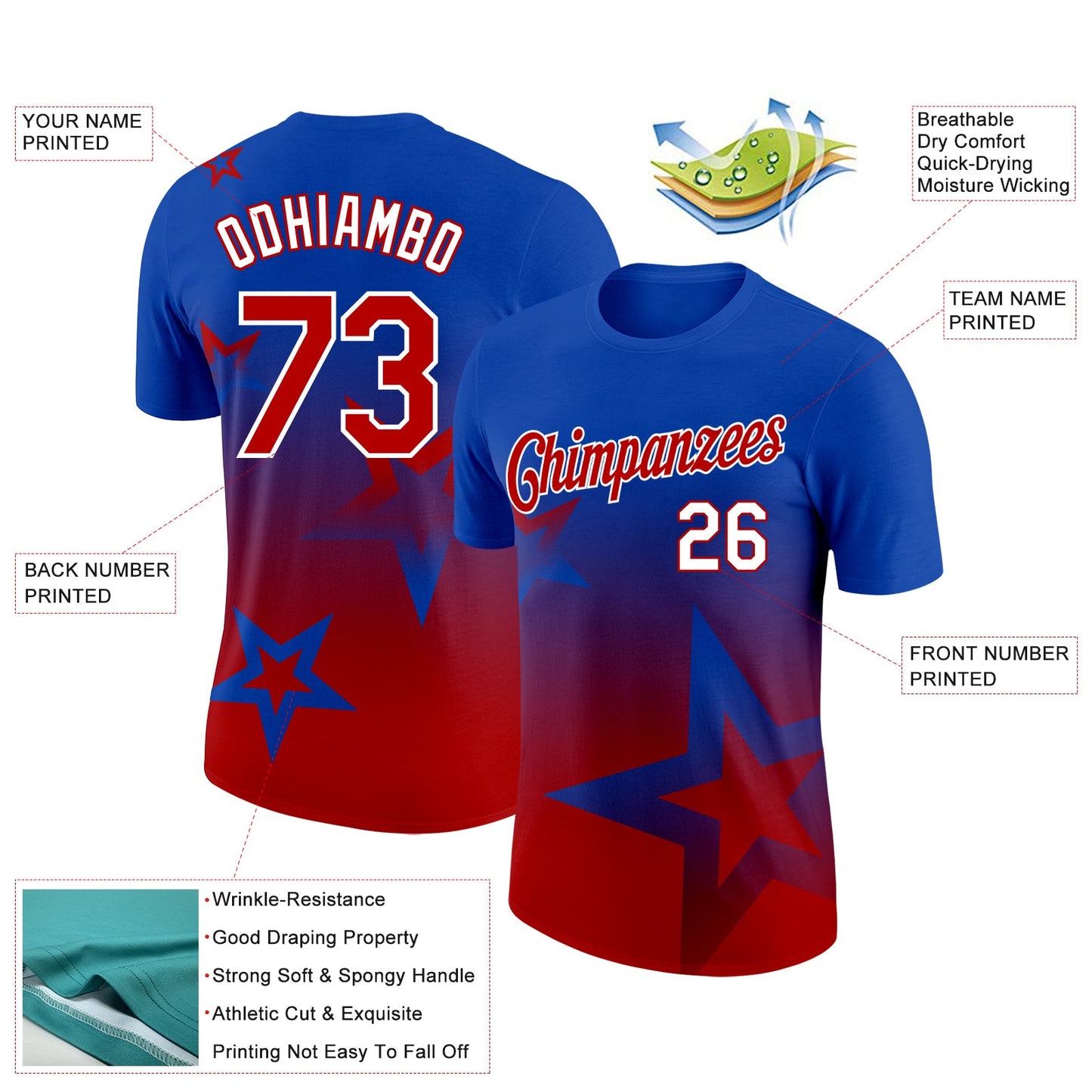 Custom Thunder Blue Red-White 3D Pattern Design Gradient Style Twinkle Star Performance T-Shirt view 2