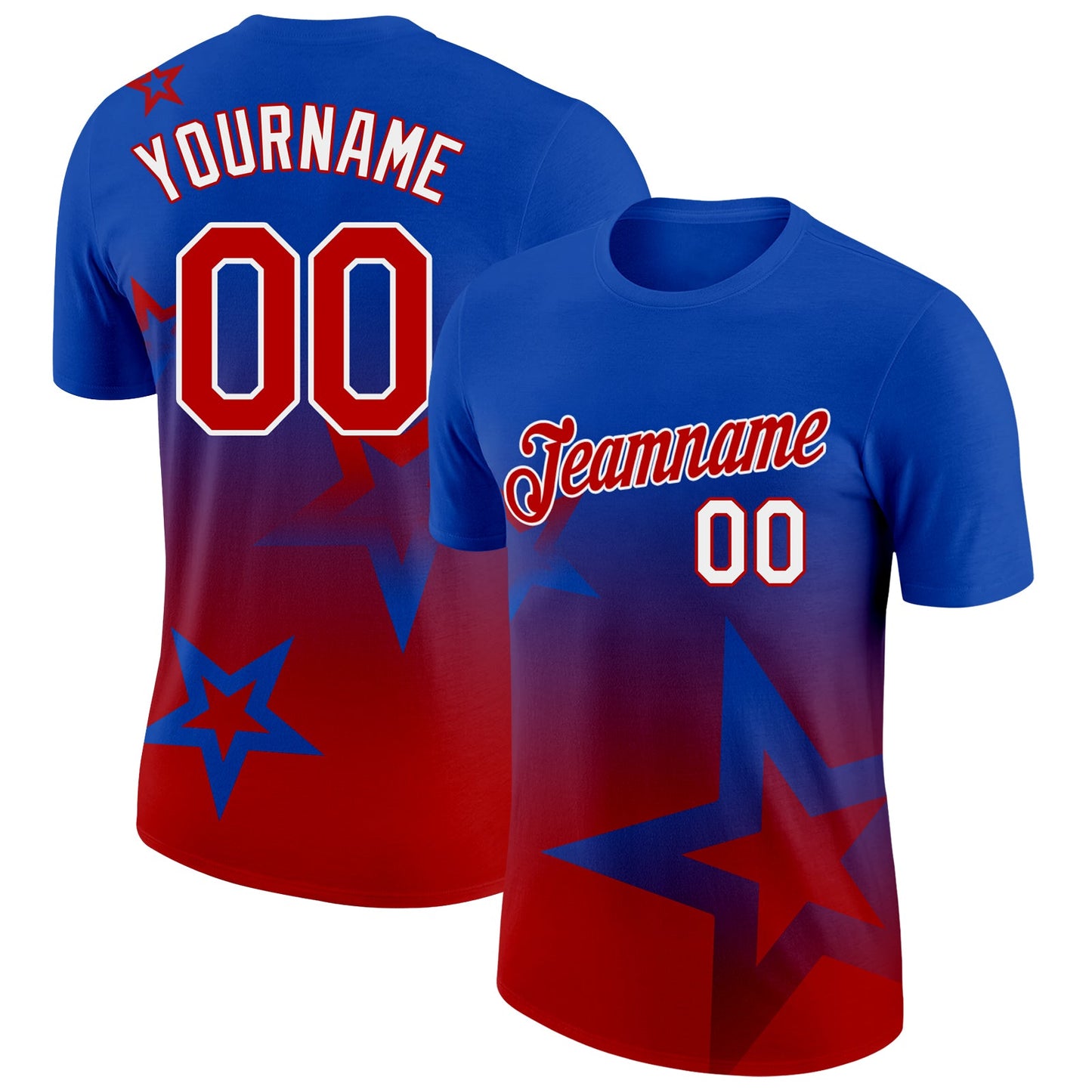 Custom Thunder Blue Red-White 3D Pattern Design Gradient Style Twinkle Star Performance T-Shirt - Main View