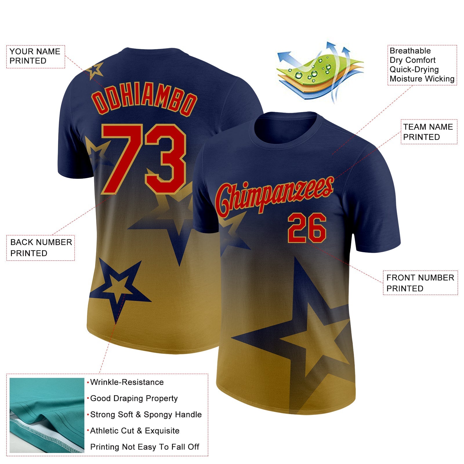 Custom Navy Red-Old Gold 3D Pattern Design Gradient Style Twinkle Star Performance T-Shirt view 2