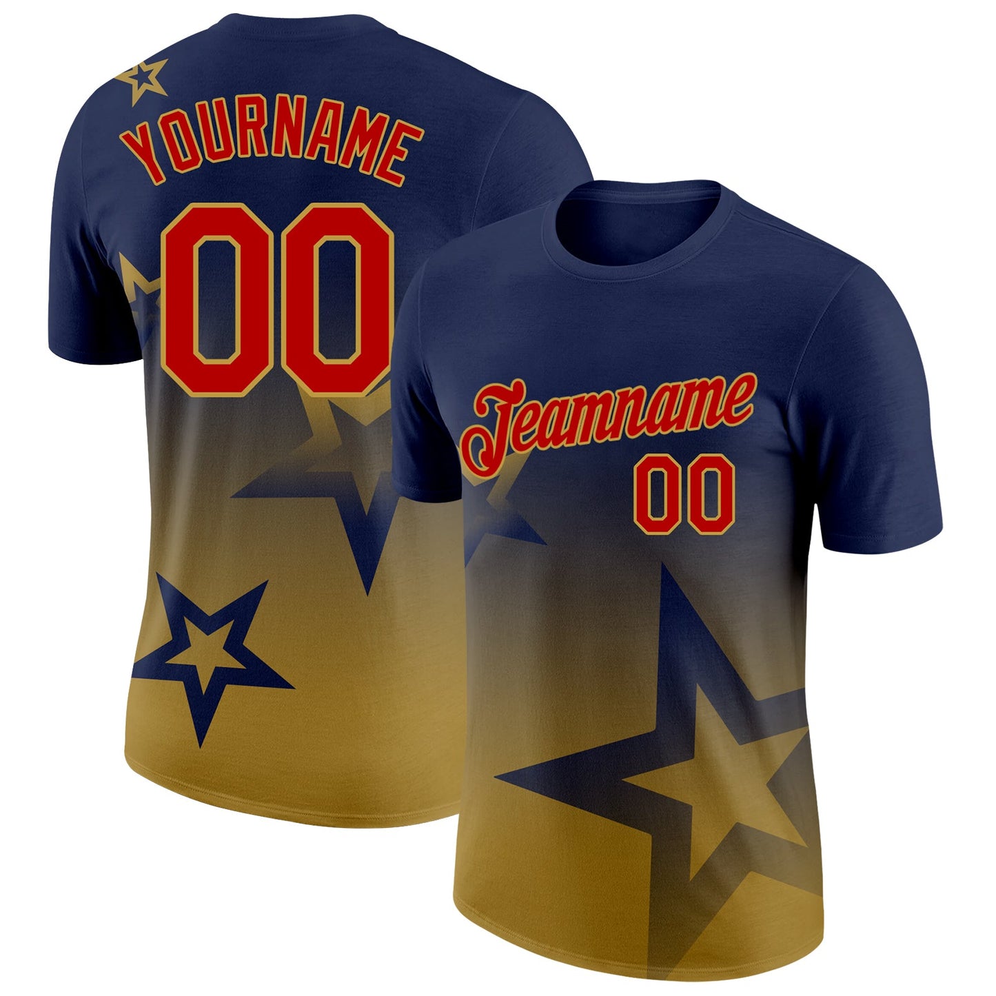 Custom Navy Red-Old Gold 3D Pattern Design Gradient Style Twinkle Star Performance T-Shirt - Main View