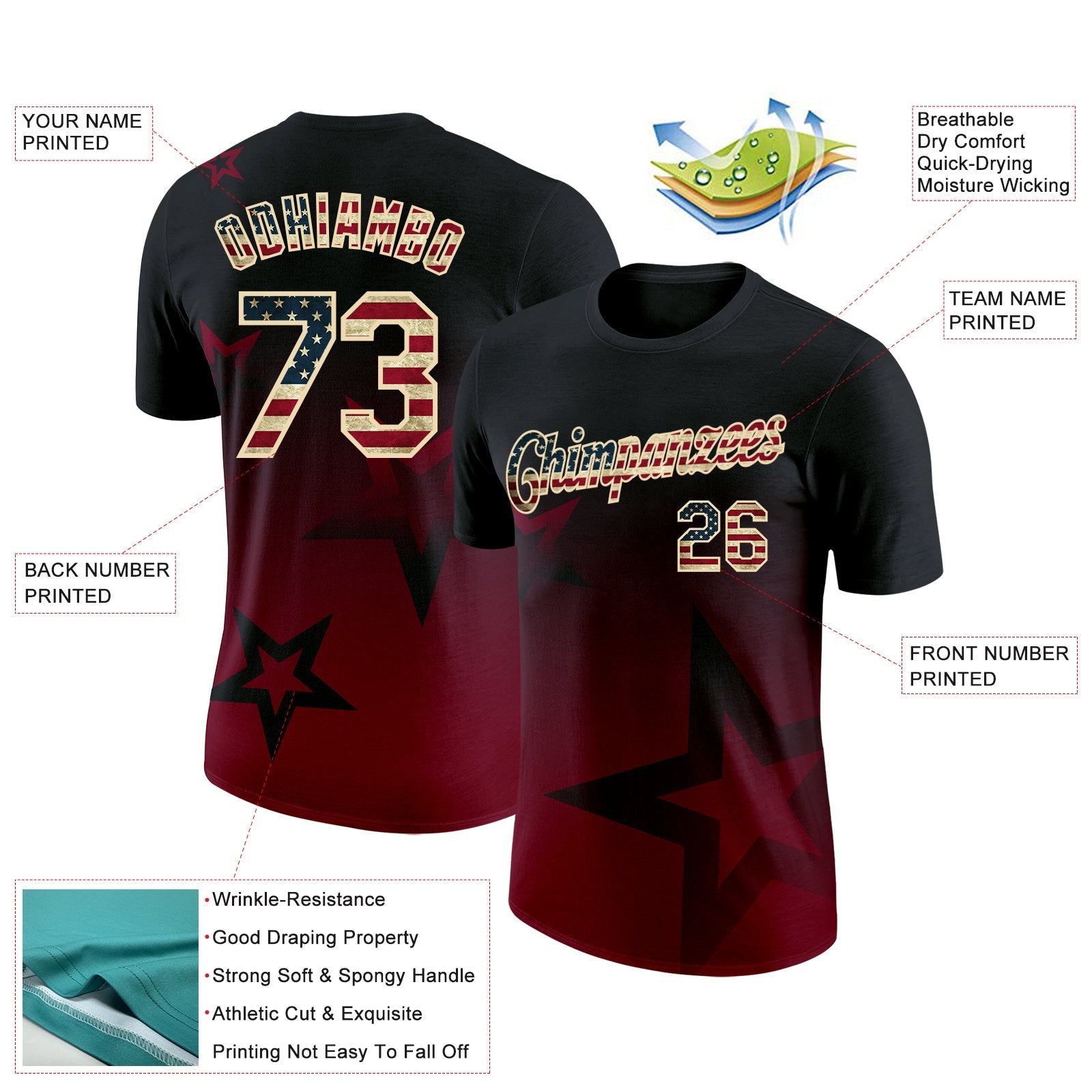 Custom Black Vintage USA Flag Crimson-Cream 3D Pattern Design Gradient Style Twinkle Star Performance T-Shirt view 2