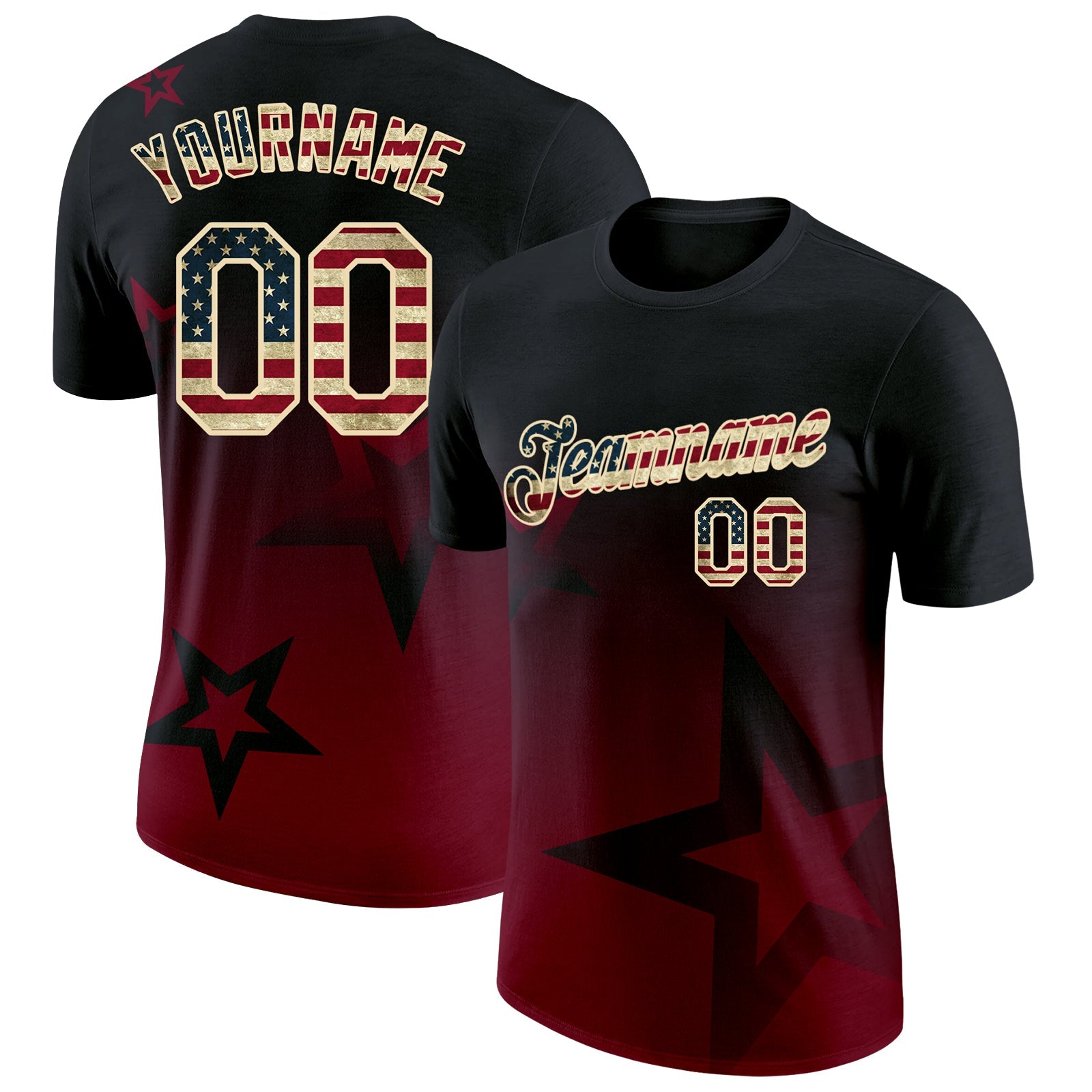 Custom Black Vintage USA Flag Crimson-Cream 3D Pattern Design Gradient Style Twinkle Star Performance T-Shirt - Main View