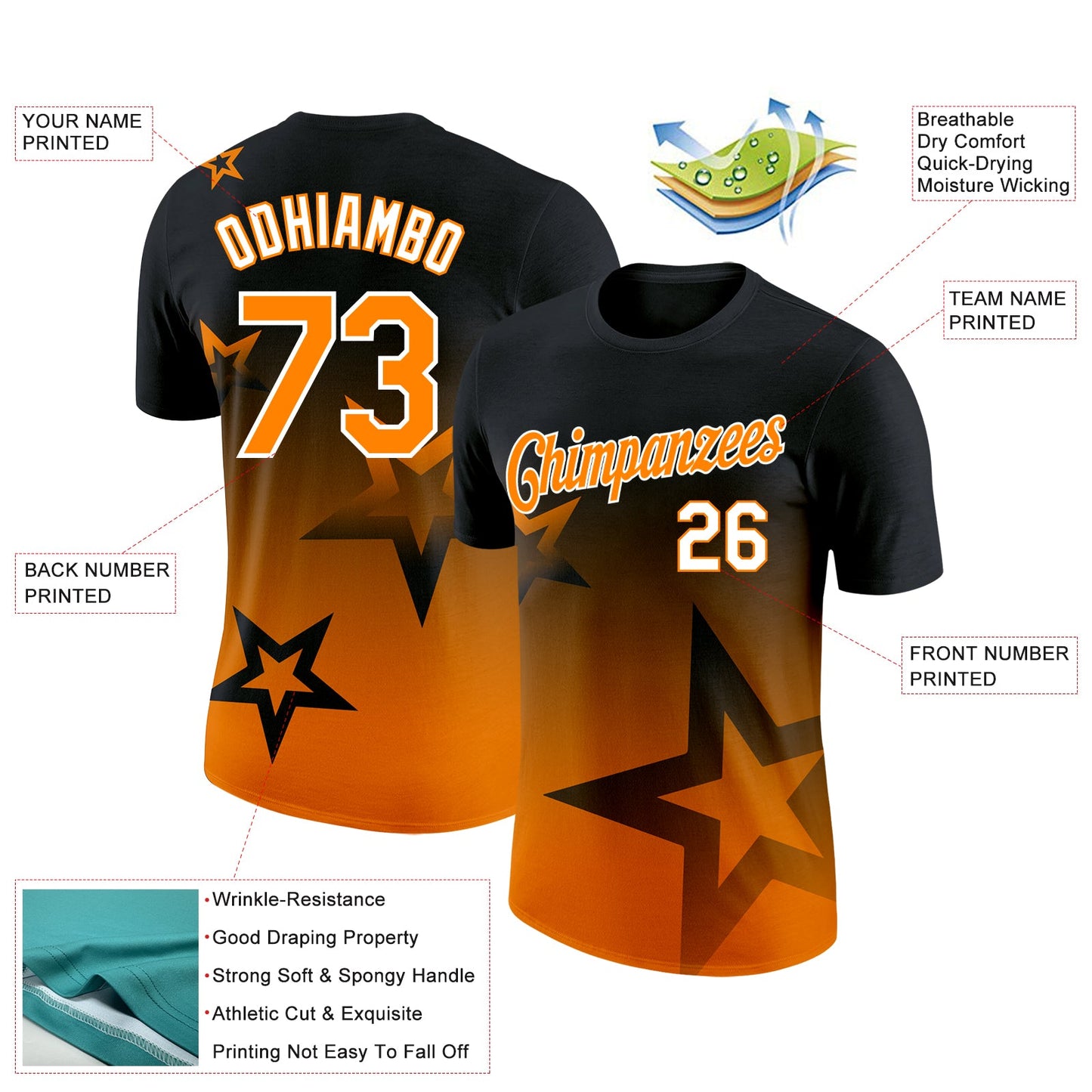Custom Black Bay Orange-White 3D Pattern Design Gradient Style Twinkle Star Performance T-Shirt view 2
