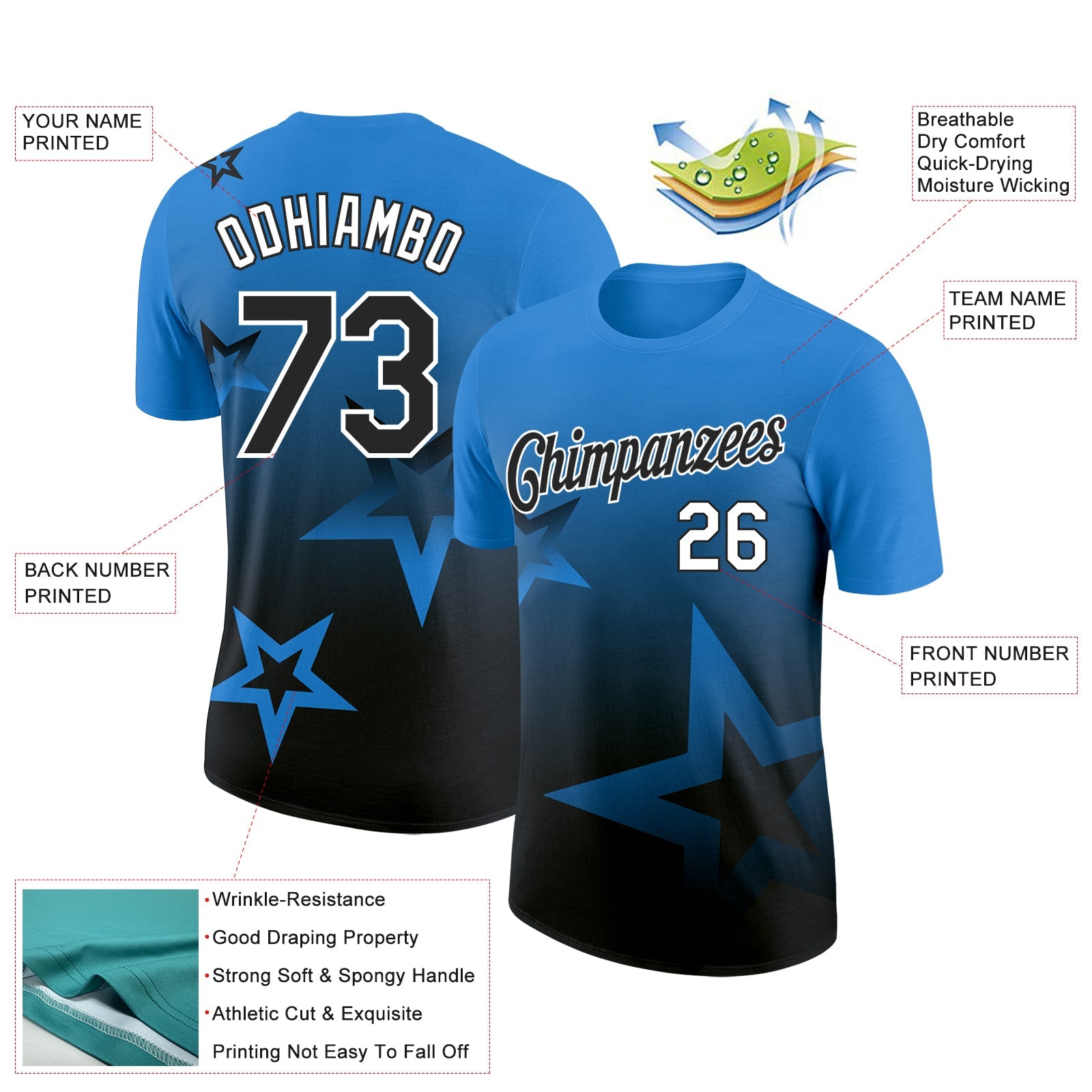 Custom Powder Blue Black-White 3D Pattern Design Gradient Style Twinkle Star Performance T-Shirt view 2