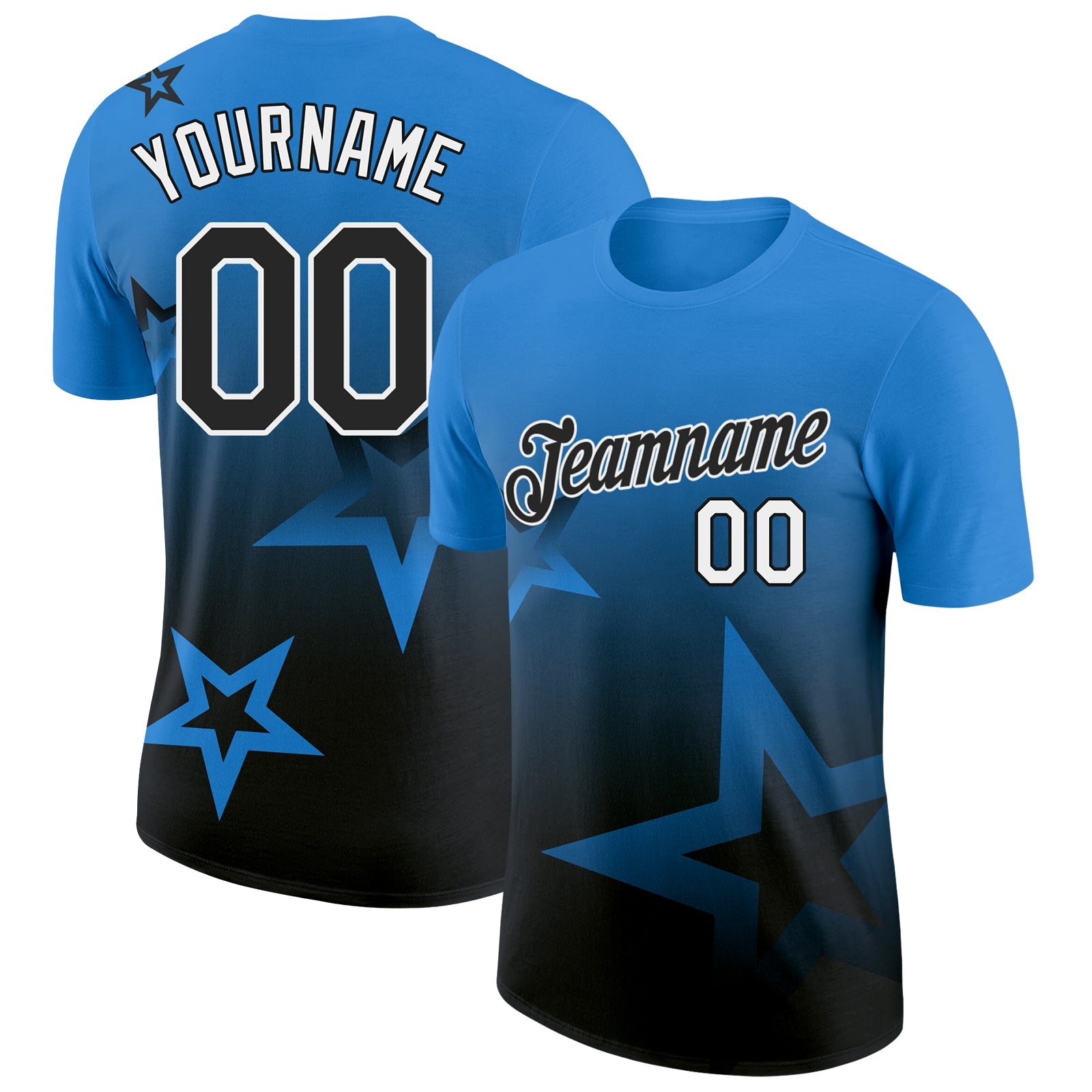 Custom Powder Blue Black-White 3D Pattern Design Gradient Style Twinkle Star Performance T-Shirt - Main View