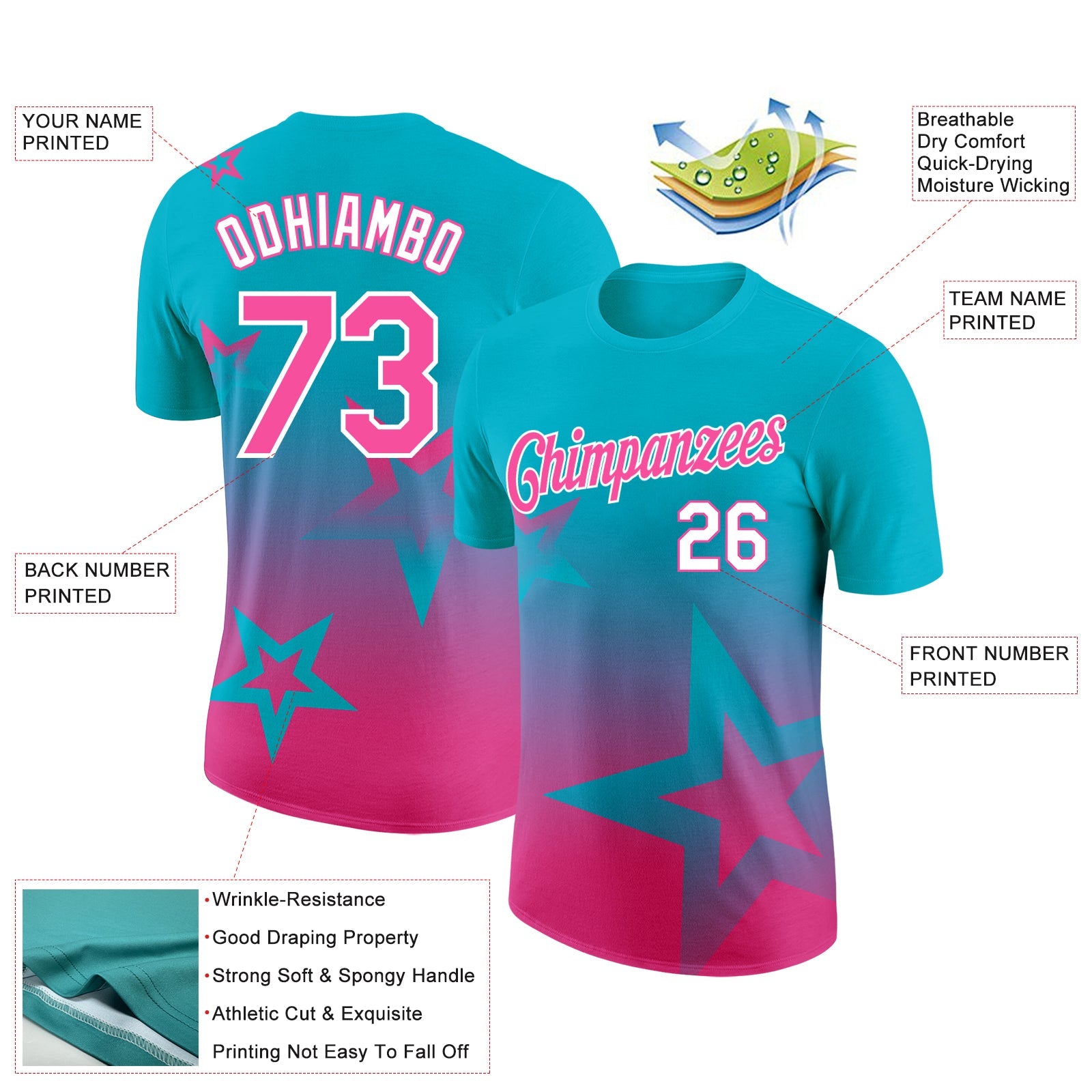 Custom Lakes Blue Pink-White 3D Pattern Design Gradient Style Twinkle Star Performance T-Shirt view 2