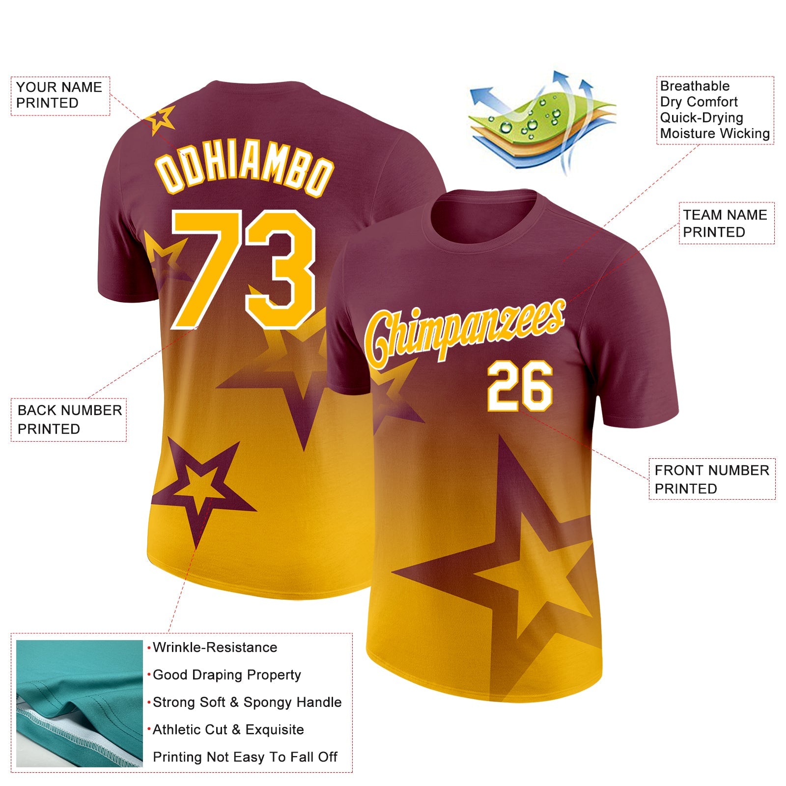 Custom Burgundy Gold-White 3D Pattern Design Gradient Style Twinkle Star Performance T-Shirt view 2