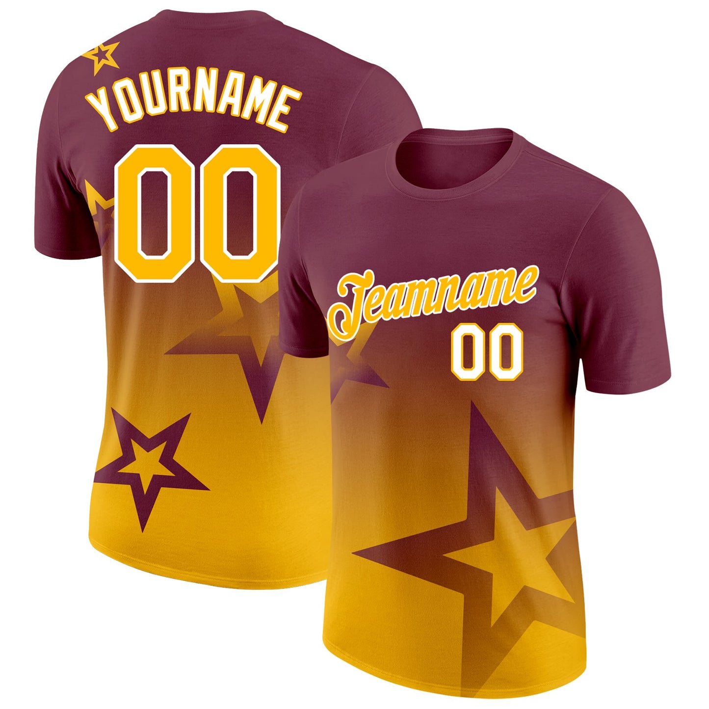 Custom Burgundy Gold-White 3D Pattern Design Gradient Style Twinkle Star Performance T-Shirt - Main View