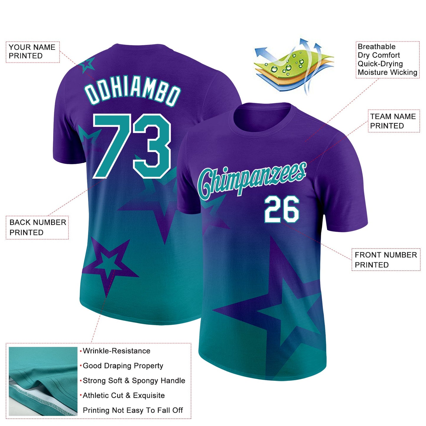 Custom Purple Teal-White 3D Pattern Design Gradient Style Twinkle Star Performance T-Shirt view 2