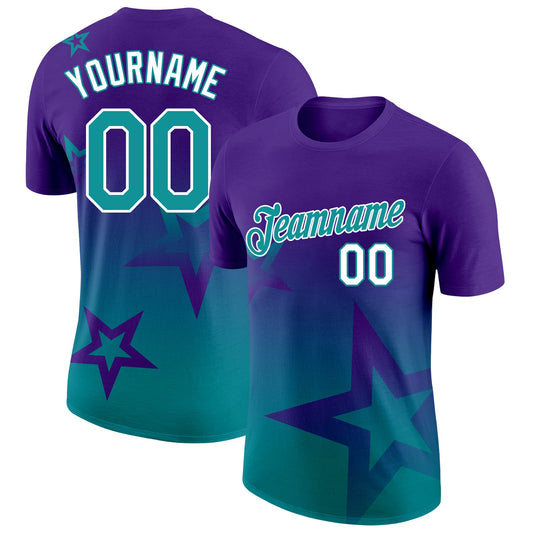 Custom Purple Teal-White 3D Pattern Design Gradient Style Twinkle Star Performance T-Shirt - Main View