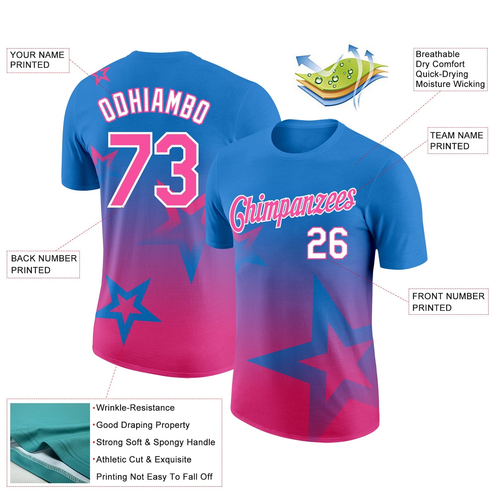 Custom Powder Blue Pink-White 3D Pattern Design Gradient Style Twinkle Star Performance T-Shirt view 2