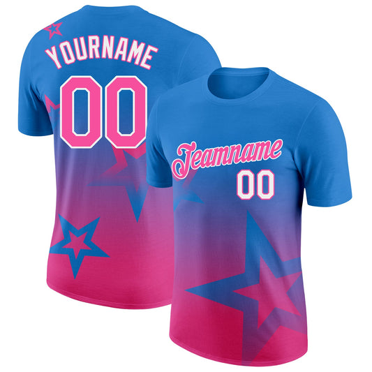 Custom Powder Blue Pink-White 3D Pattern Design Gradient Style Twinkle Star Performance T-Shirt - Main View