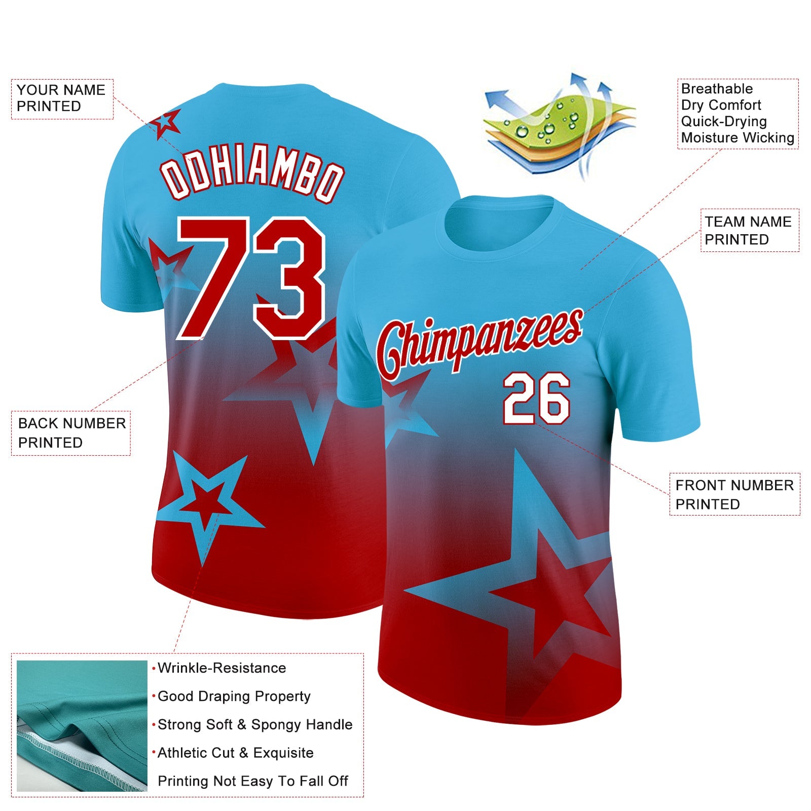 Custom Sky Blue Red-White 3D Pattern Design Gradient Style Twinkle Star Performance T-Shirt view 2