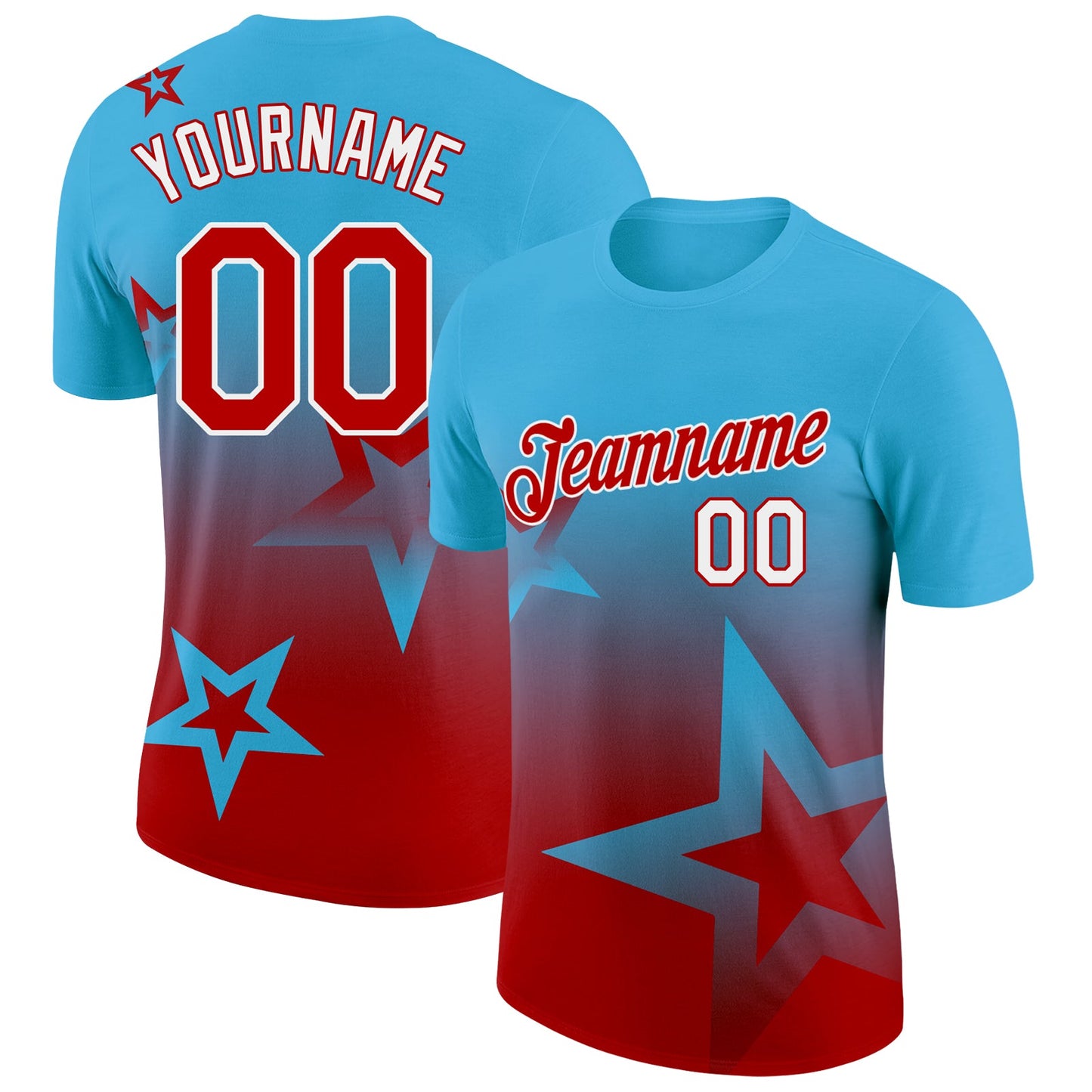 Custom Sky Blue Red-White 3D Pattern Design Gradient Style Twinkle Star Performance T-Shirt - Main View