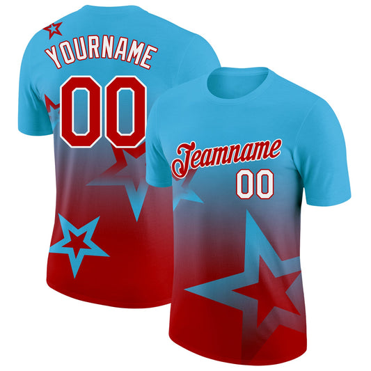 Custom Sky Blue Red-White 3D Pattern Design Gradient Style Twinkle Star Performance T-Shirt - Main View