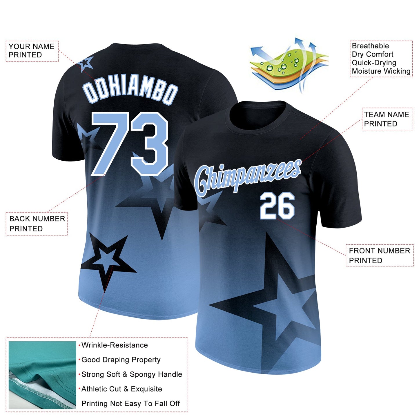 Custom Black Light Blue-White 3D Pattern Design Gradient Style Twinkle Star Performance T-Shirt view 2