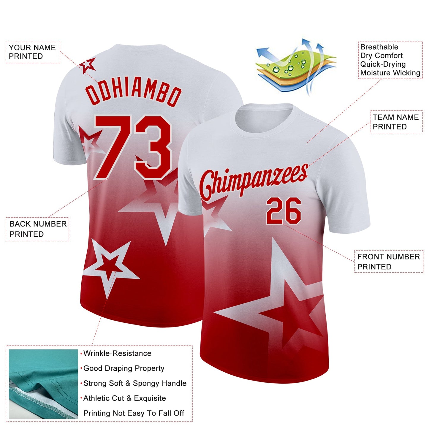 Custom White Red 3D Pattern Design Gradient Style Twinkle Star Performance T-Shirt view 2