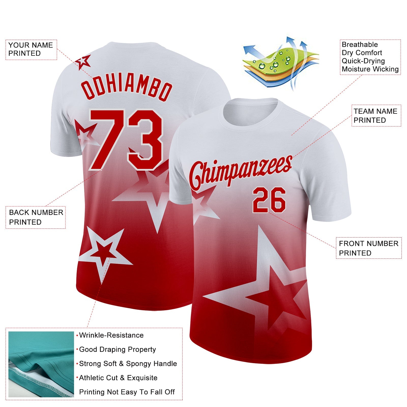 Custom White Red 3D Pattern Design Gradient Style Twinkle Star Performance T-Shirt view 2