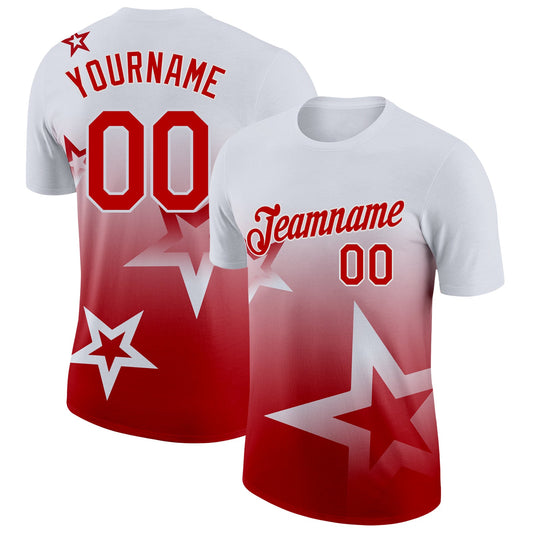 Custom White Red 3D Pattern Design Gradient Style Twinkle Star Performance T-Shirt - Main View