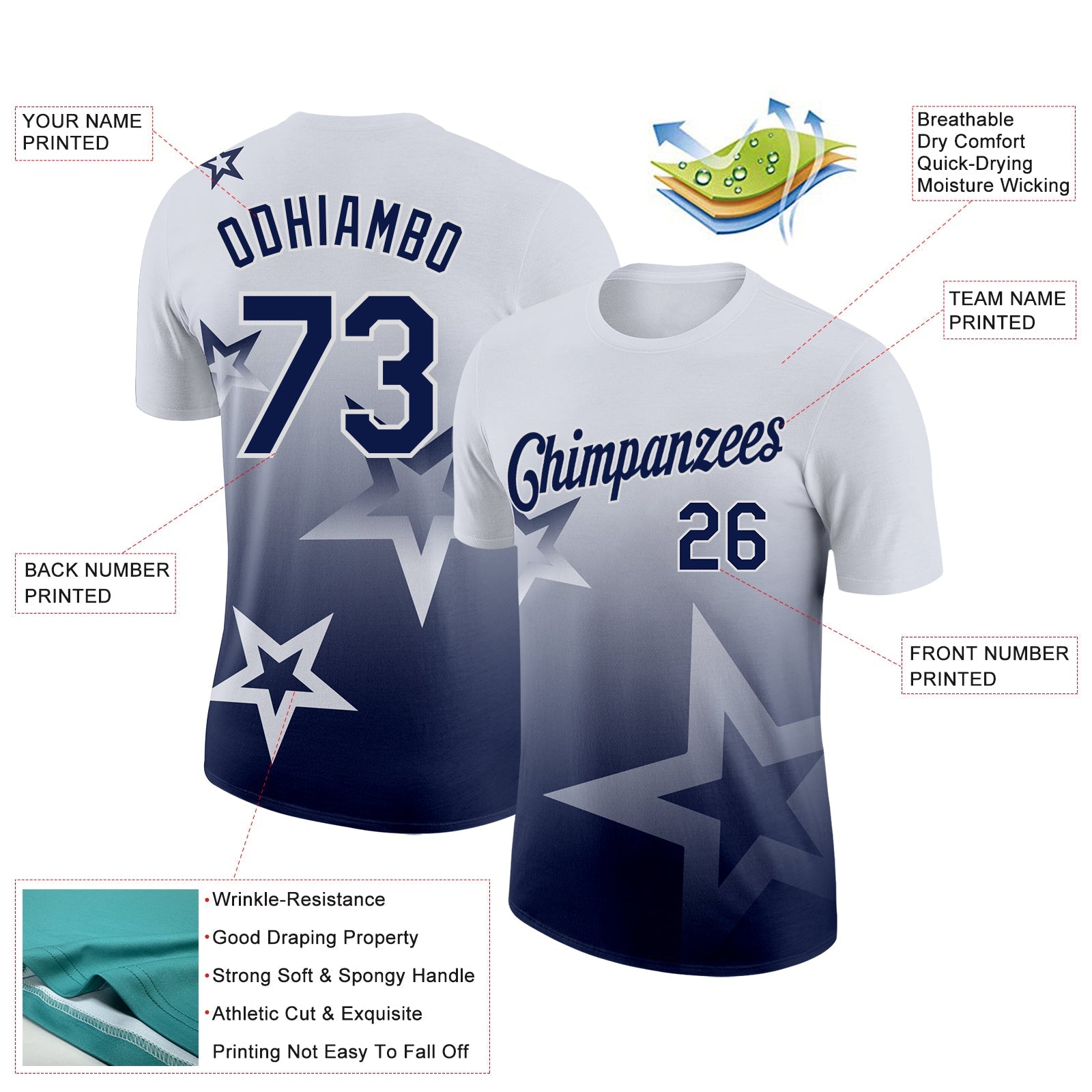 Custom White Navy 3D Pattern Design Gradient Style Twinkle Star Performance T-Shirt view 2