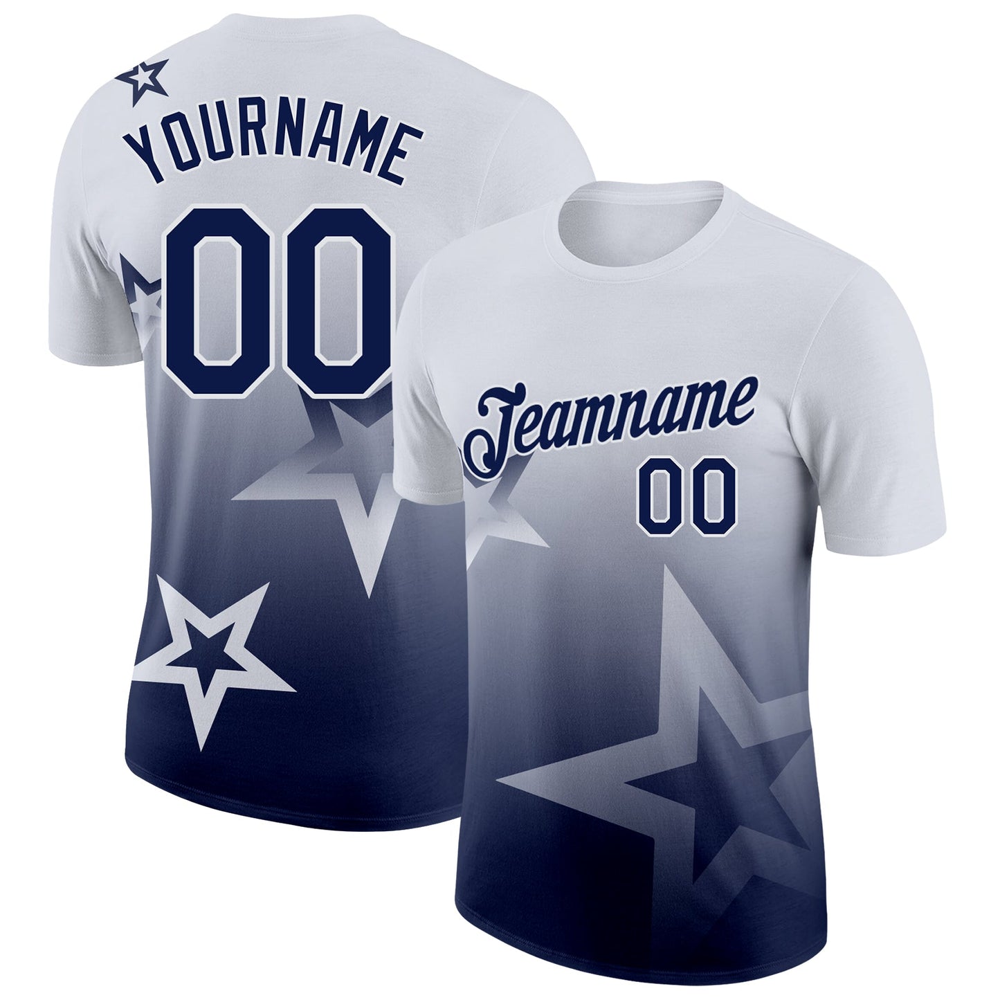Custom White Navy 3D Pattern Design Gradient Style Twinkle Star Performance T-Shirt - Main View