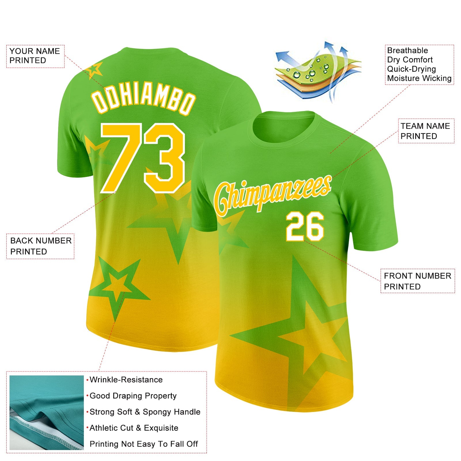Custom Aurora Green Yellow-White 3D Pattern Design Gradient Style Twinkle Star Performance T-Shirt view 2