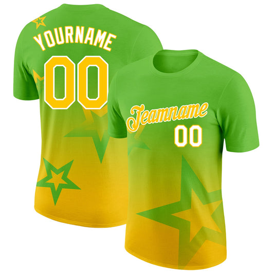 Custom Aurora Green Yellow-White 3D Pattern Design Gradient Style Twinkle Star Performance T-Shirt - Main View