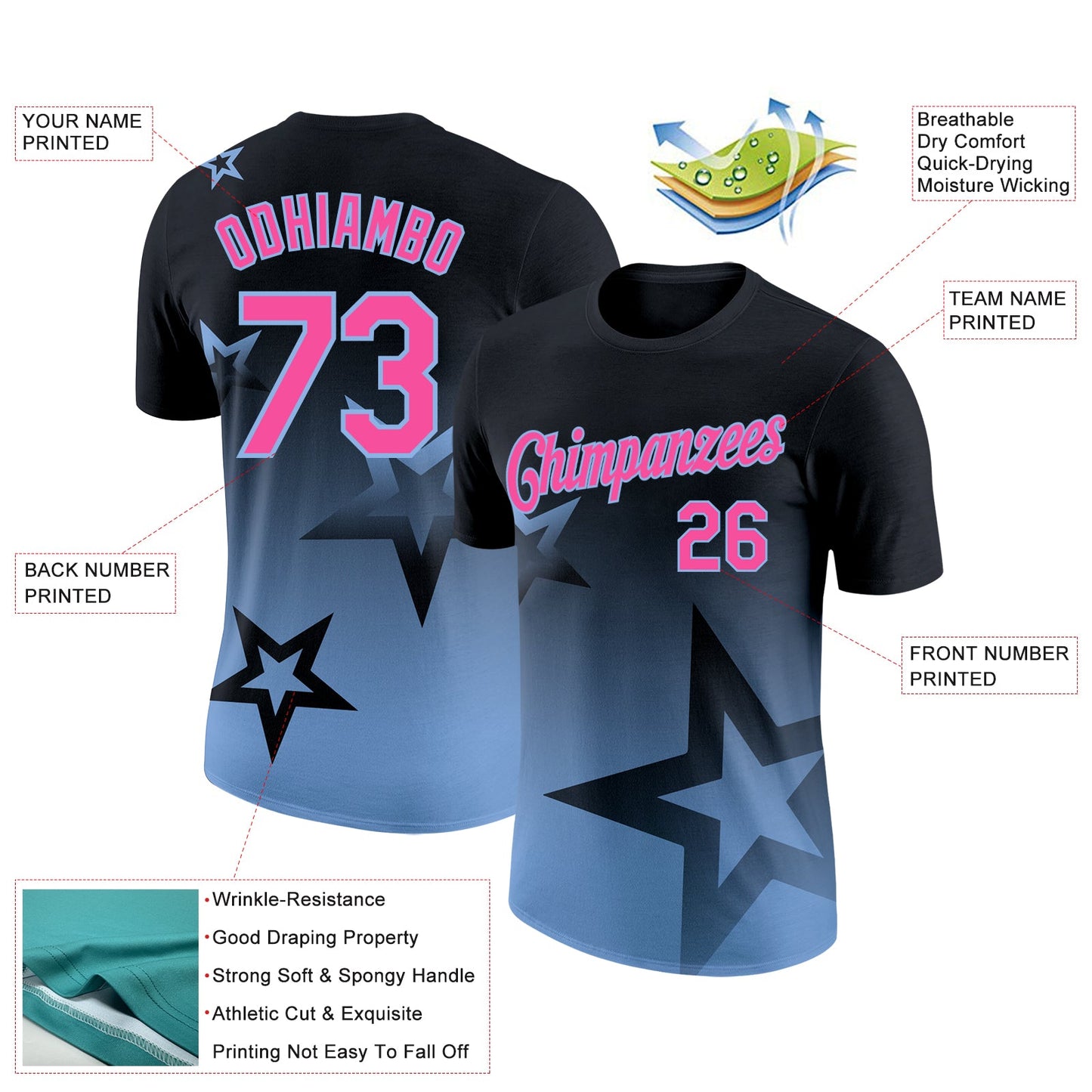 Custom Black Pink-Light Blue 3D Pattern Design Gradient Style Twinkle Star Performance T-Shirt view 2