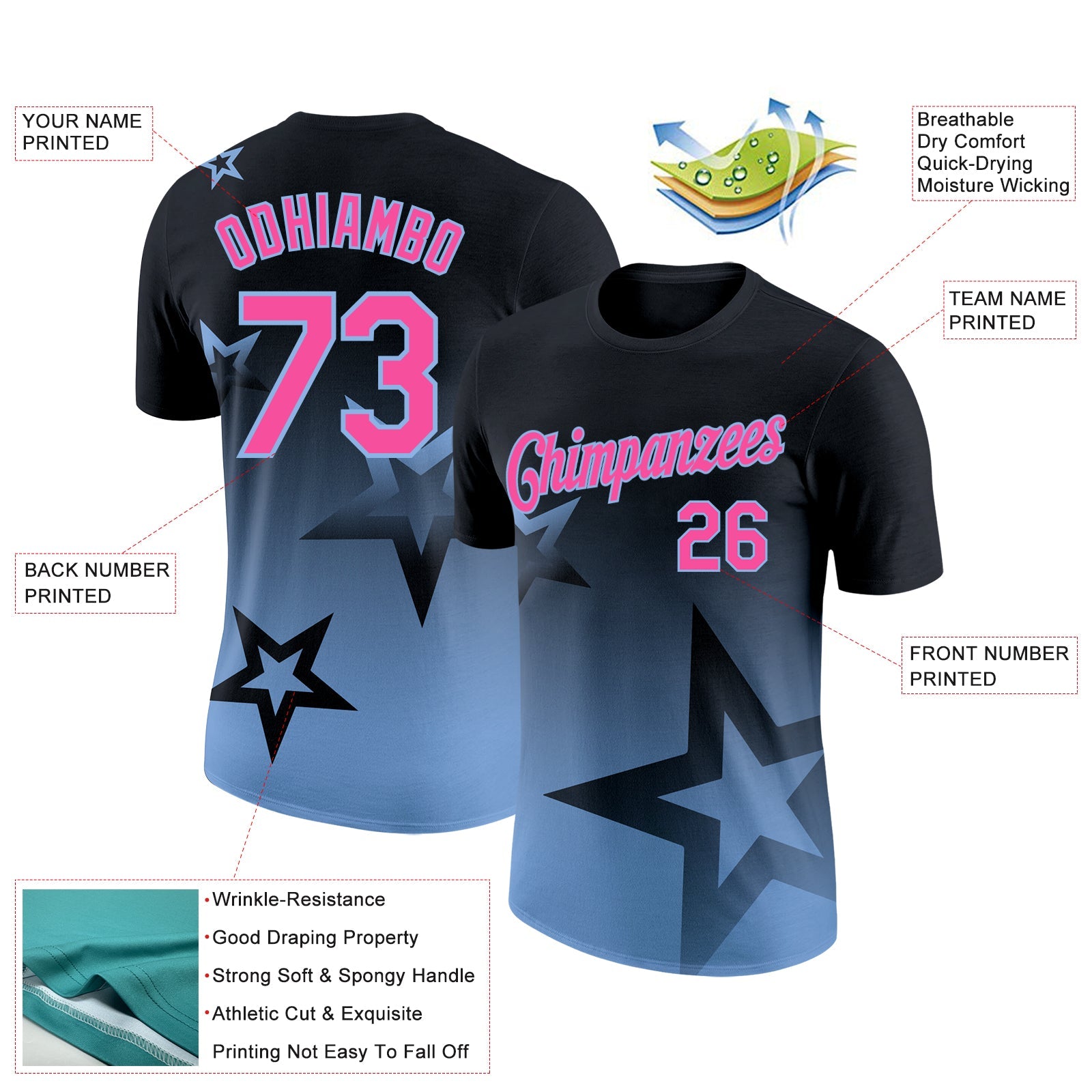 Custom Black Pink-Light Blue 3D Pattern Design Gradient Style Twinkle Star Performance T-Shirt view 2