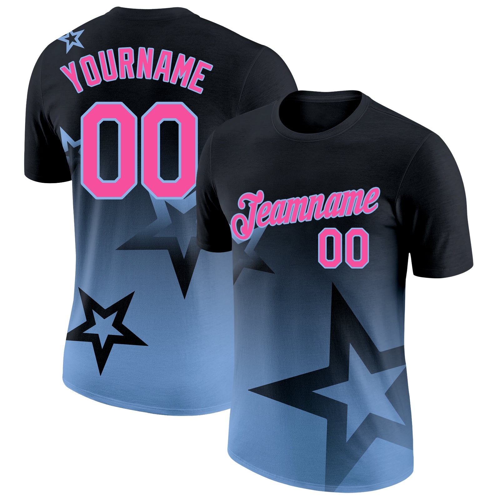 Custom Black Pink-Light Blue 3D Pattern Design Gradient Style Twinkle Star Performance T-Shirt - Main View